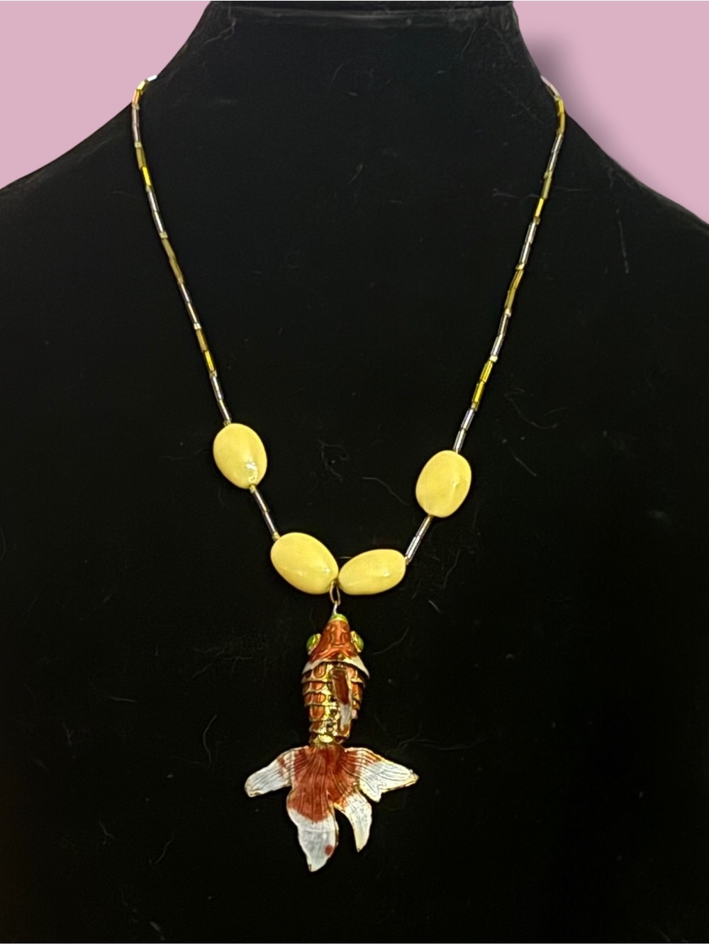 Vintage articulated Koi fish pendant beaded necklace